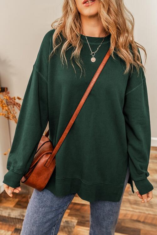 Round Neck Drop Shoulder Slit Sweatshirt |1mrk.com