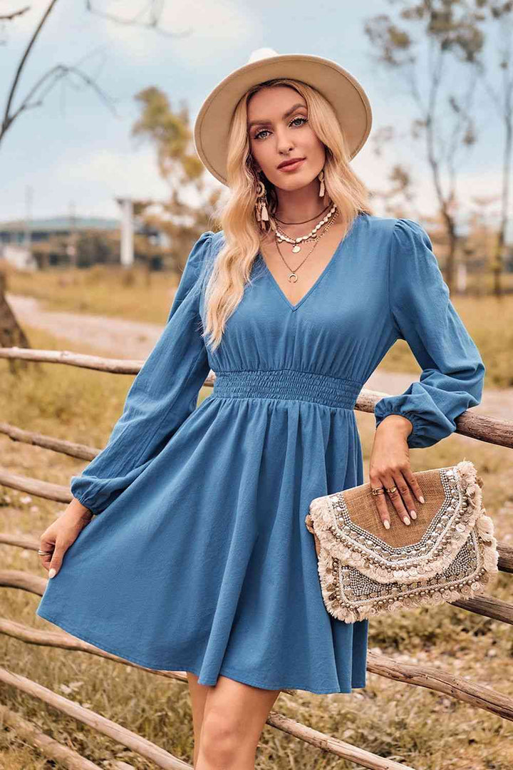 V-Neck Long Sleeve Smocked Waist Mini Dress |1mrk.com