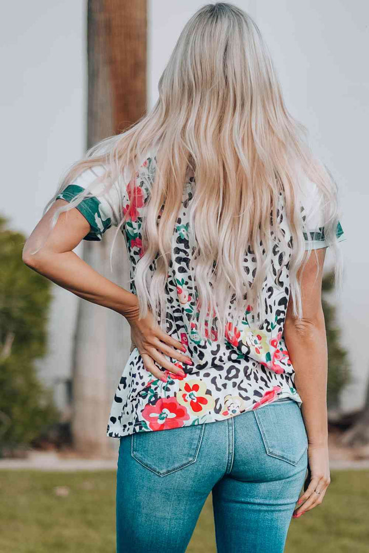 Floral Leopard Short Raglan Sleeve T-Shirt | 1mrk.com