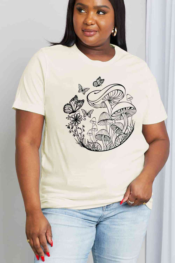 Simply Love Full Size Butterfly & Mushroom Graphic Cotton Tee | 1mrk.com