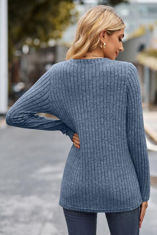 Ribbed Half Button Long Sleeve Knit Top | 1mrk.com