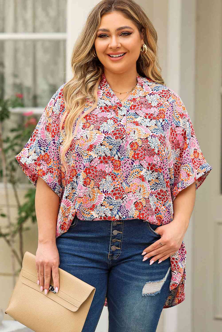 Plus Size Printed Notched Neck Half Sleeve Top | 1mrk.com