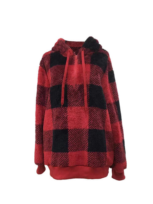 Plaid Half Zip Drawstring Hoodie | 1mrk.com