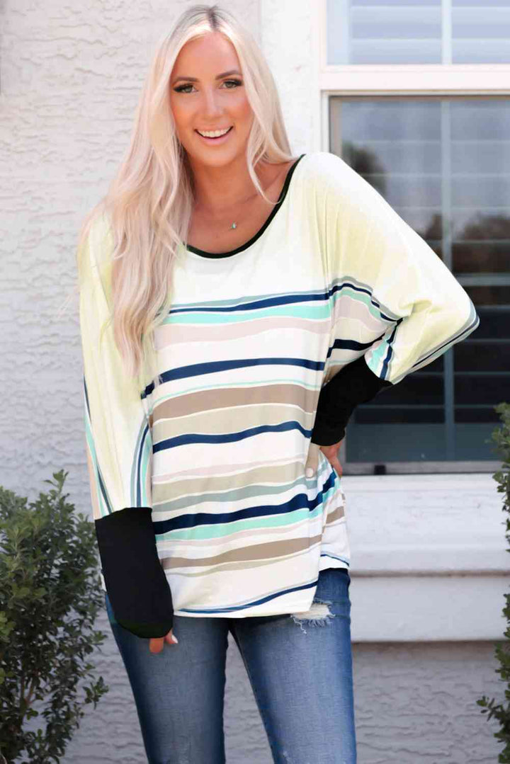 Striped Round Neck Long Sleeve Top | 1mrk.com