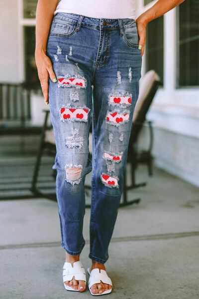 Heart Distressed Raw Hem Straight Jeans | 1mrk.com