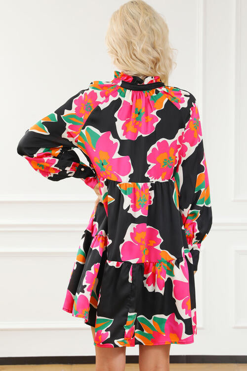 Flower Print Notched Ruffle Hem Dress |1mrk.com