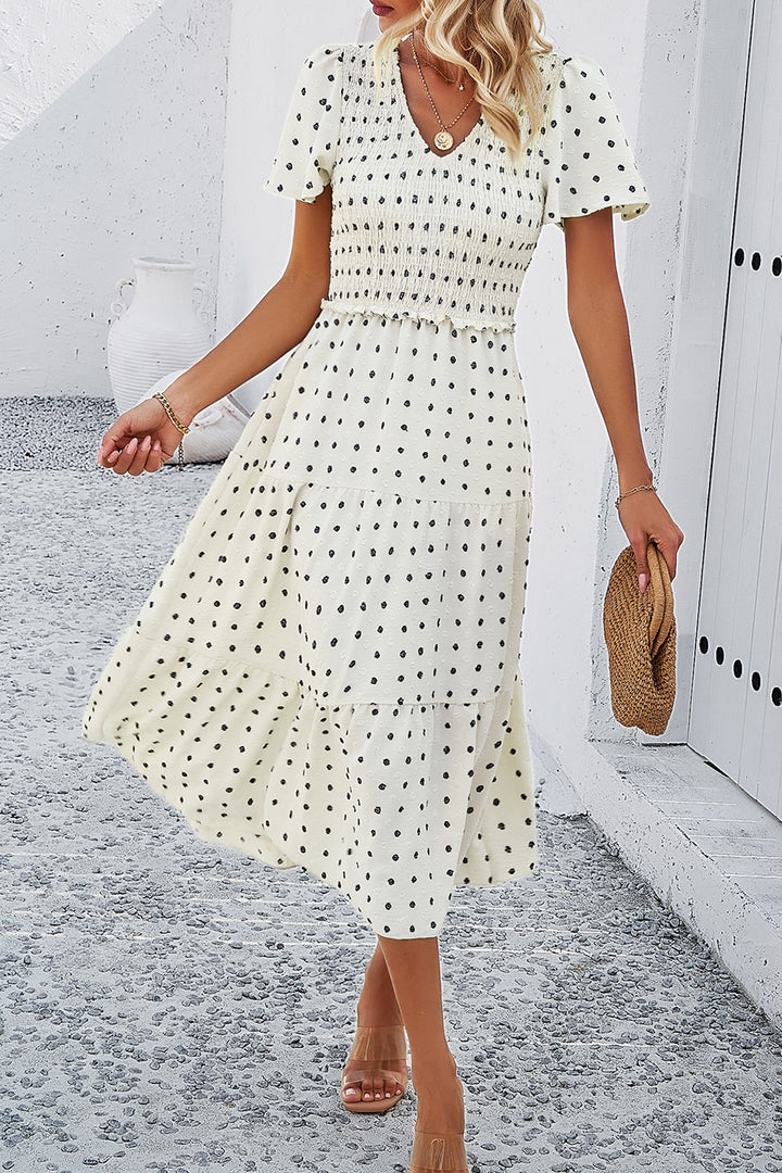 Swiss Dot Short Sleeve Smocked Dress | Trendsi