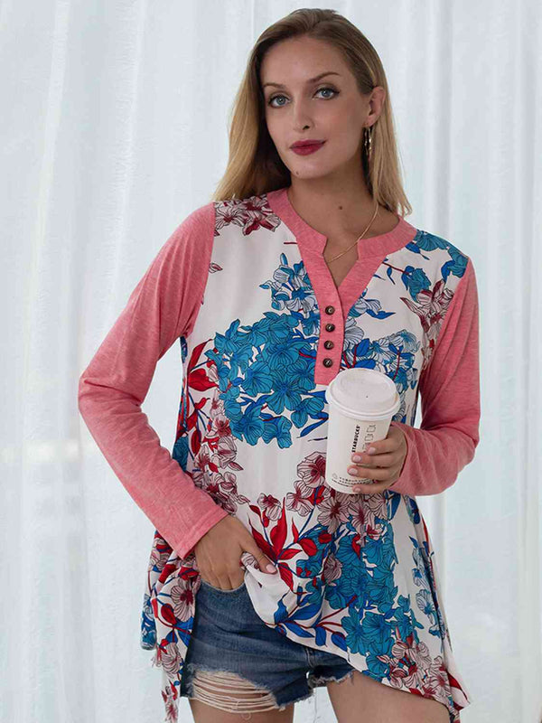 Full Size Floral Buttoned Notched Neck Top | 1mrk.com