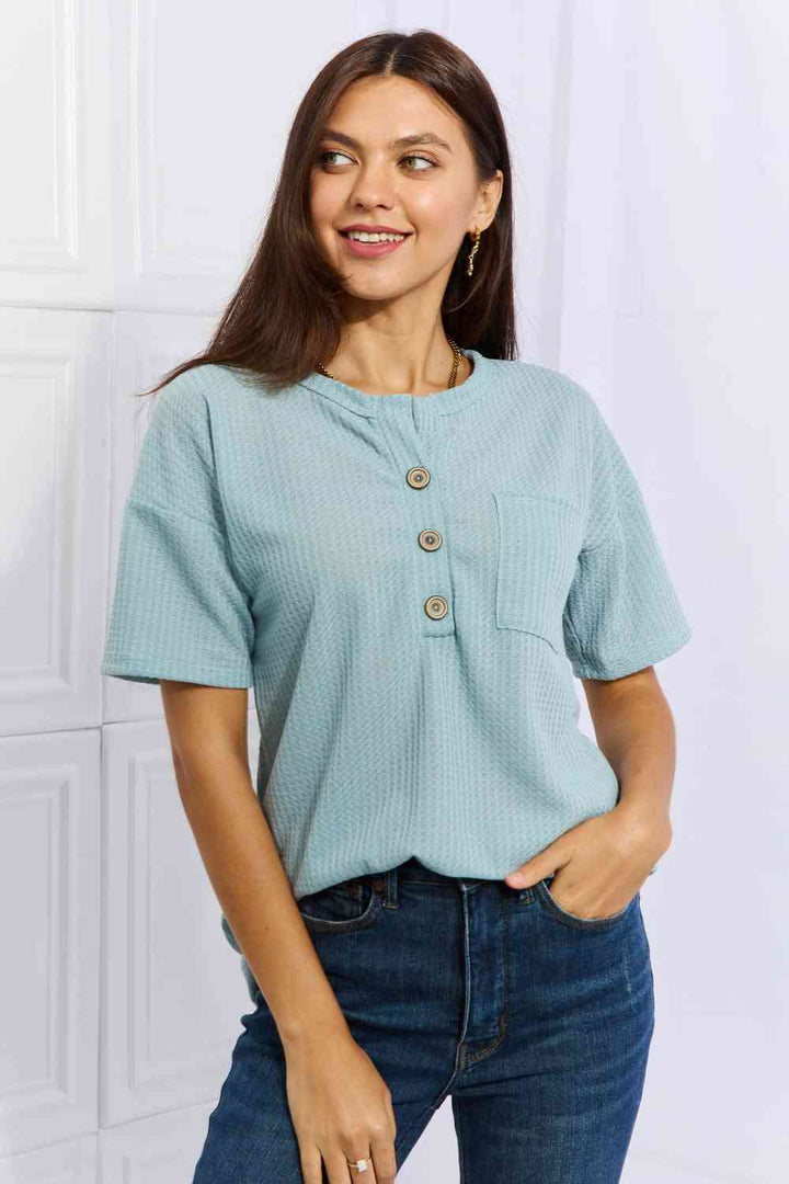 Heimish Made For You Full Size 1/4 Button Down Waffle Top in Blue | 1mrk.com