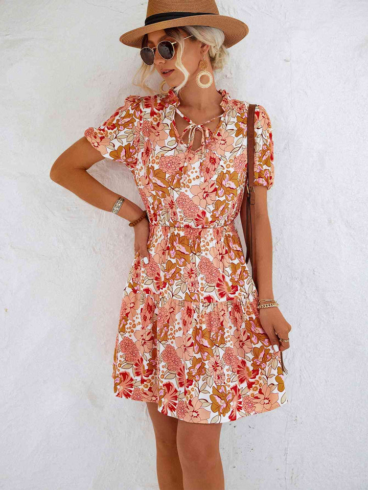 Floral Tie Neck Puff Sleeve Tiered Dress |1mrk.com