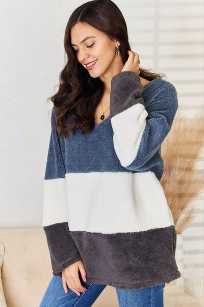 Culture Code Faux Fur Color Block V-Neck Sweater |1mrk.com