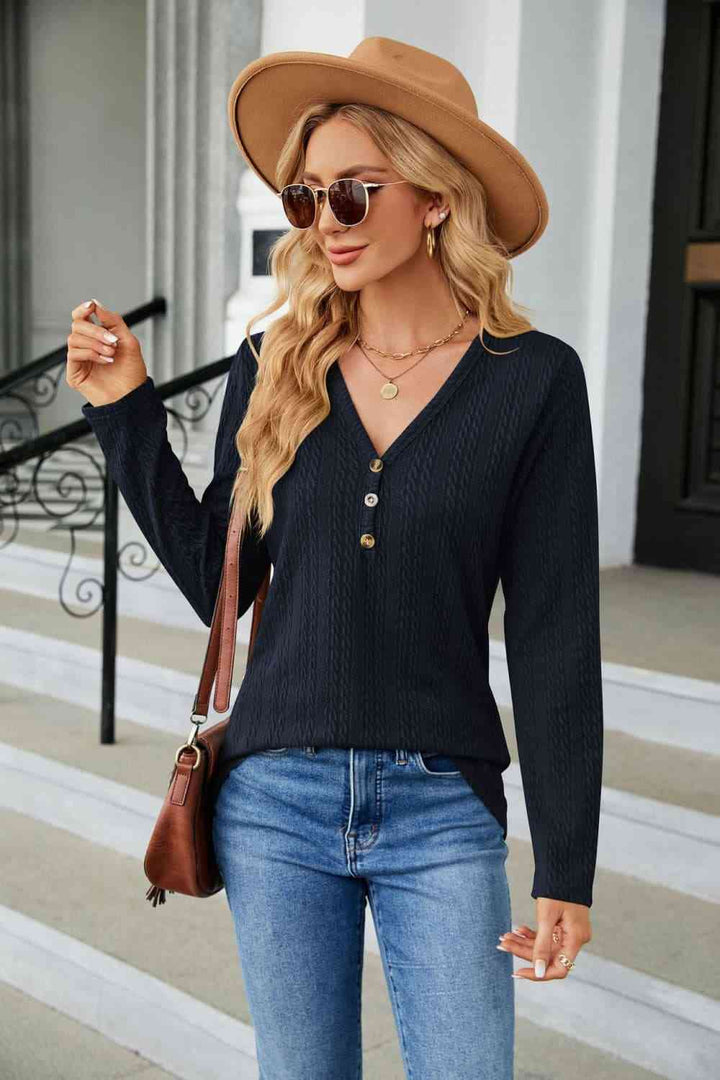 Cable-Knit Long Sleeve V-Neck T-Shirt | 1mrk.com