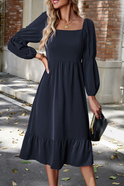 Square Neck Balloon Sleeve Midi Dress |1mrk.com