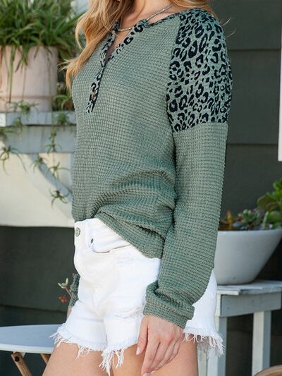 Leopard Notched Raglan Sleeve Knit Top |1mrk.com