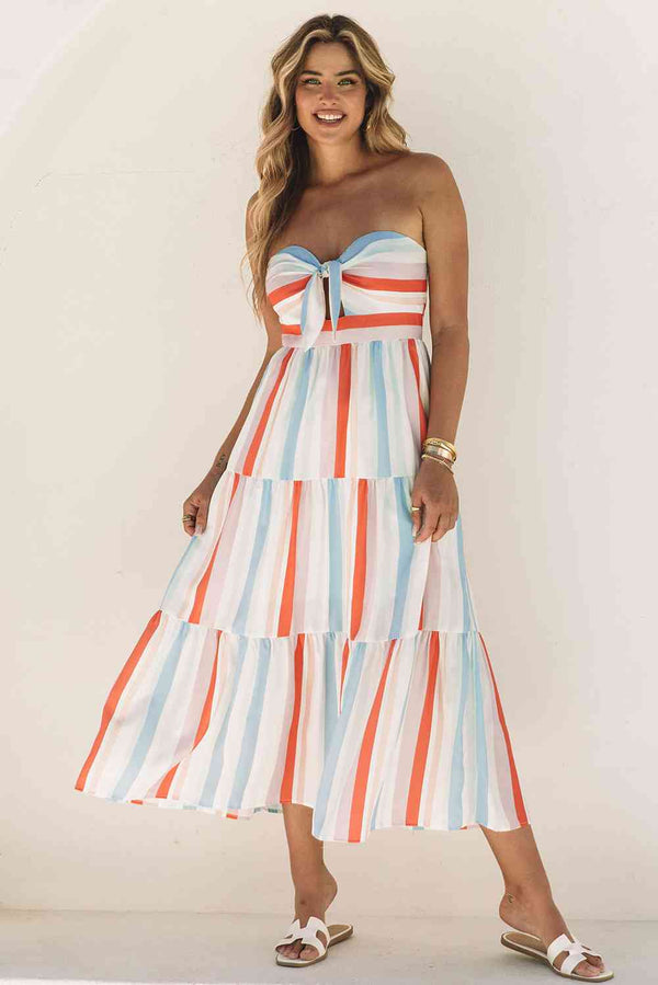 Striped Strapless Sweetheart Neck Dress |1mrk.com