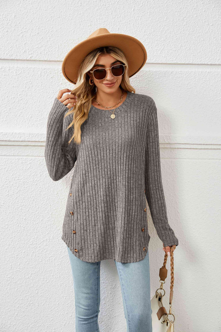 Round Neck Ribbed Long Sleeve T-Shirt | 1mrk.com