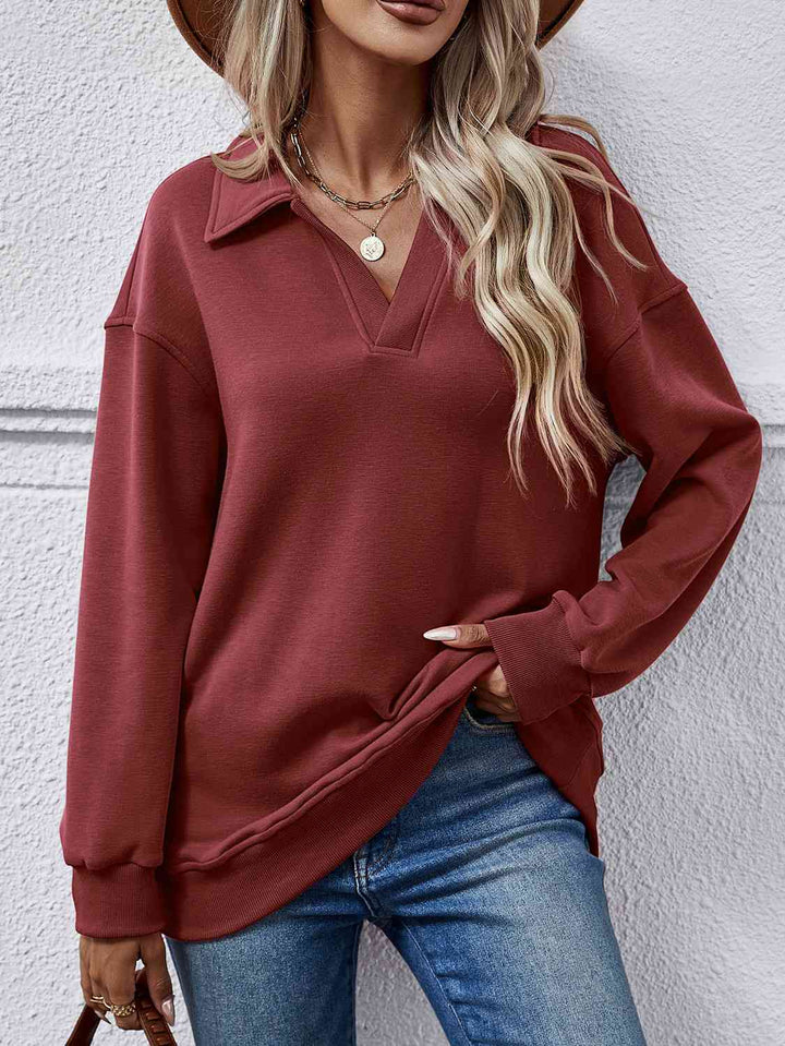 Collared Neck Dropped Shoulder Sweatshirt |1mrk.com