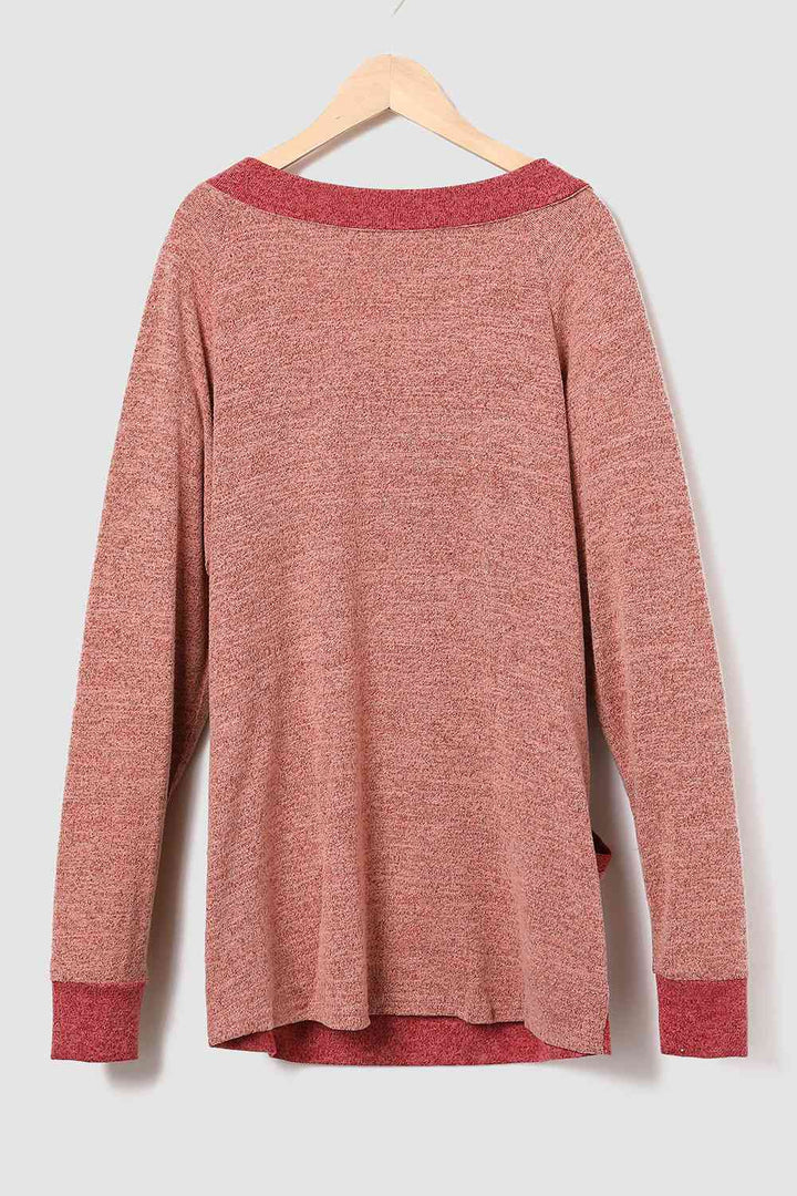 V-Neck Long Sleeve Sweatshirt with Pockets |1mrk.com