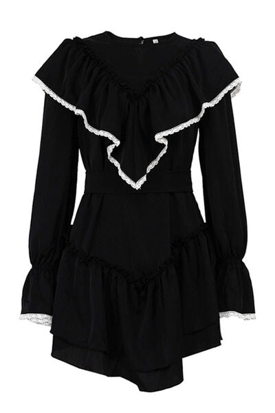 Ruffled Round Neck Flounce Sleeve Mini Dress |1mrk.com