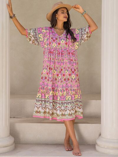 Printed V-Neck Balloon Sleeve Midi Dress |1mrk.com