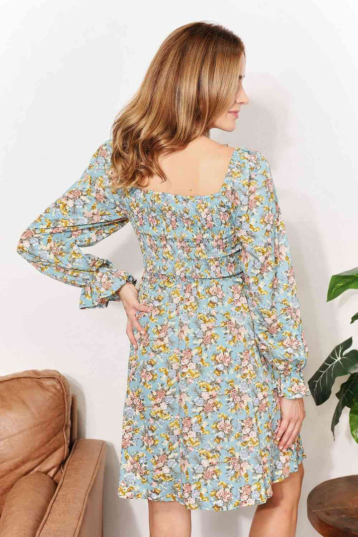 Double Take Floral Smocked Flounce Sleeve Square Neck Dress |1mrk.com