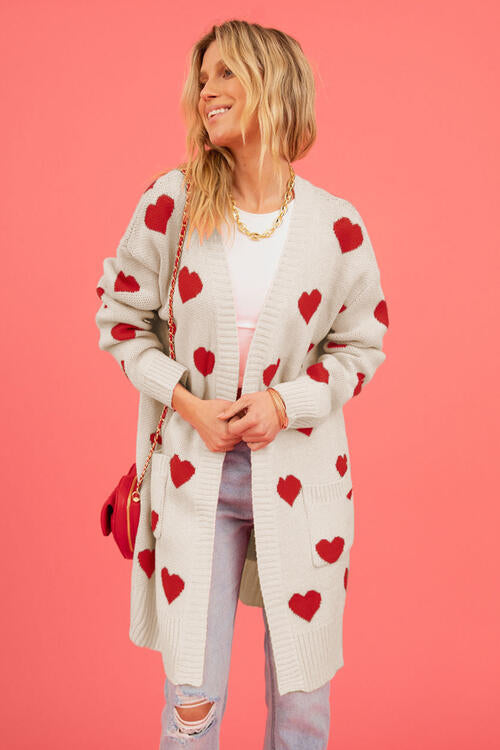 Heart Graphic Open Front Cardigan with Pockets |1mrk.com