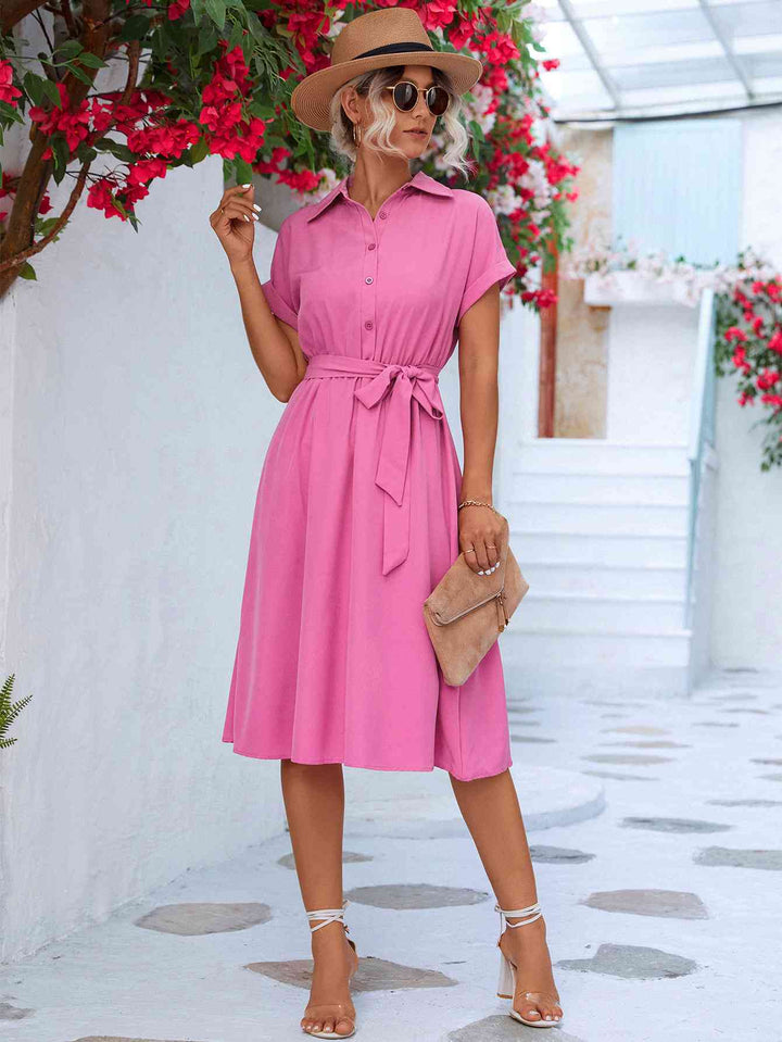 Cuffed Short Sleeve Belted Shirt Dress | 1mrk.com