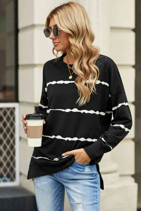 Striped Side Slit Round Neck Sweatshirt |1mrk.com