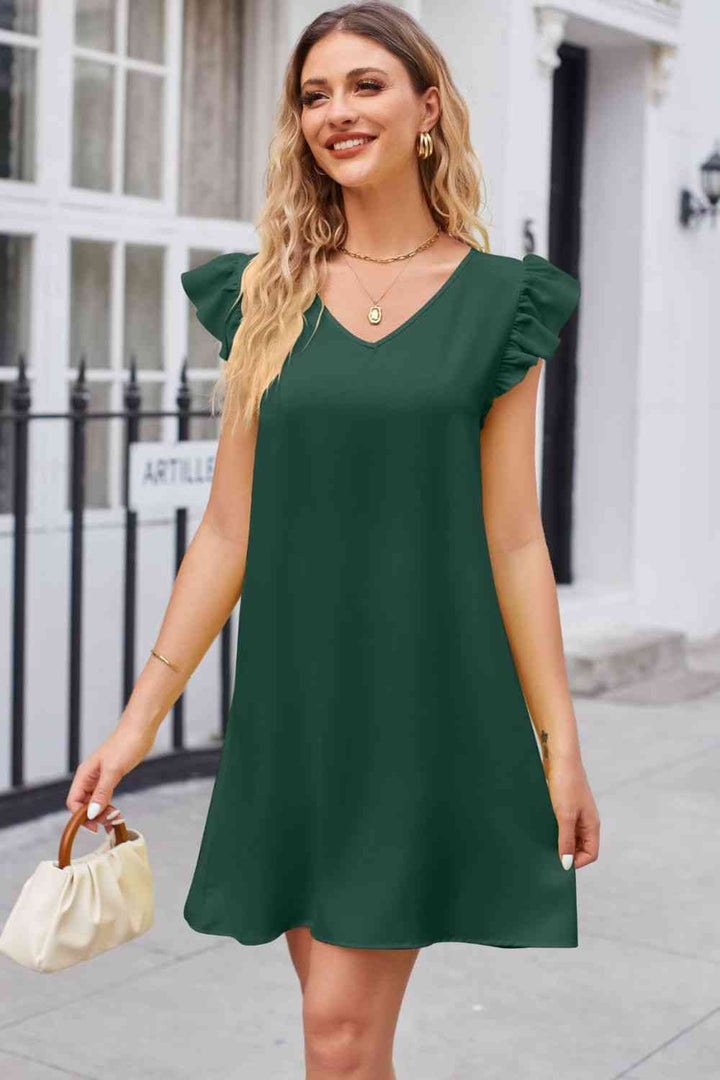 Ruffled V-Neck Flutter Sleeve Dress |1mrk.com