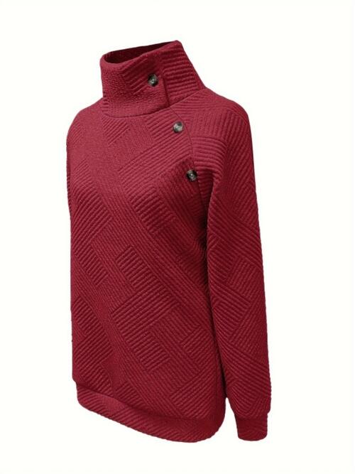 Buttoned Mock Neck Long Sleeve Sweatshirt |1mrk.com