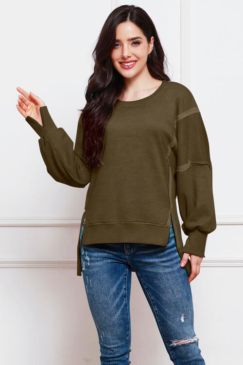 Exposed Seam High-Low Slit Sweatshirt | 1mrk.com