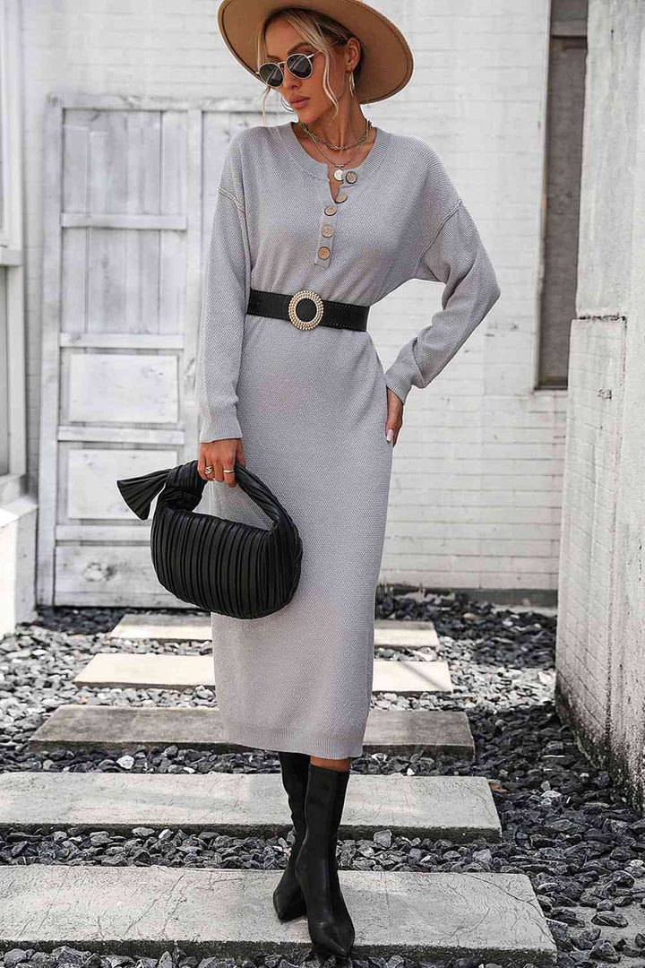 Notched Neck Dropped Shoulder Button-Down Midi Dress | 1mrk.com