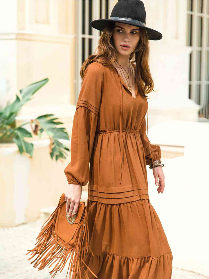 Tie Neck Long Sleeve Midi Tiered Dress | 1mrk.com