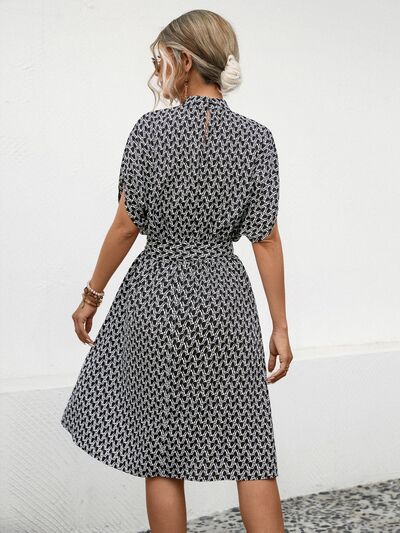 Tied Printed Mock Neck Short Sleeve Dress |1mrk.com