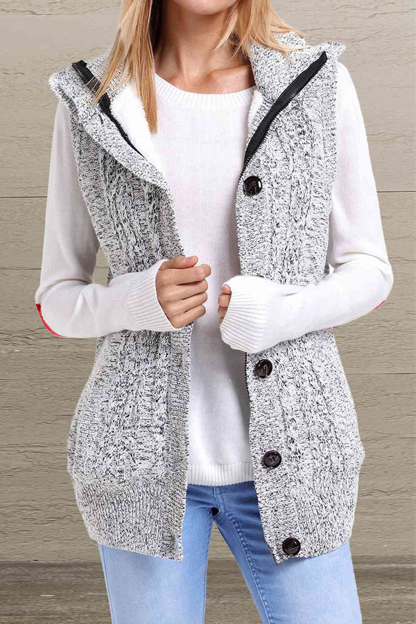 Button and Zip Closure Hooded Sweater Vest |1mrk.com