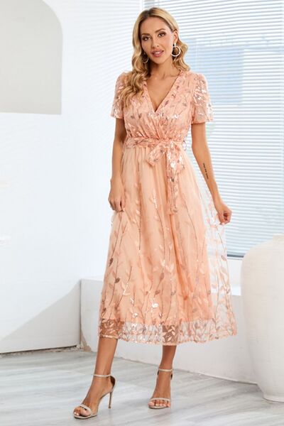 Sequin Leaf Embroidery Tie Front Short Sleeve Dress |1mrk.com