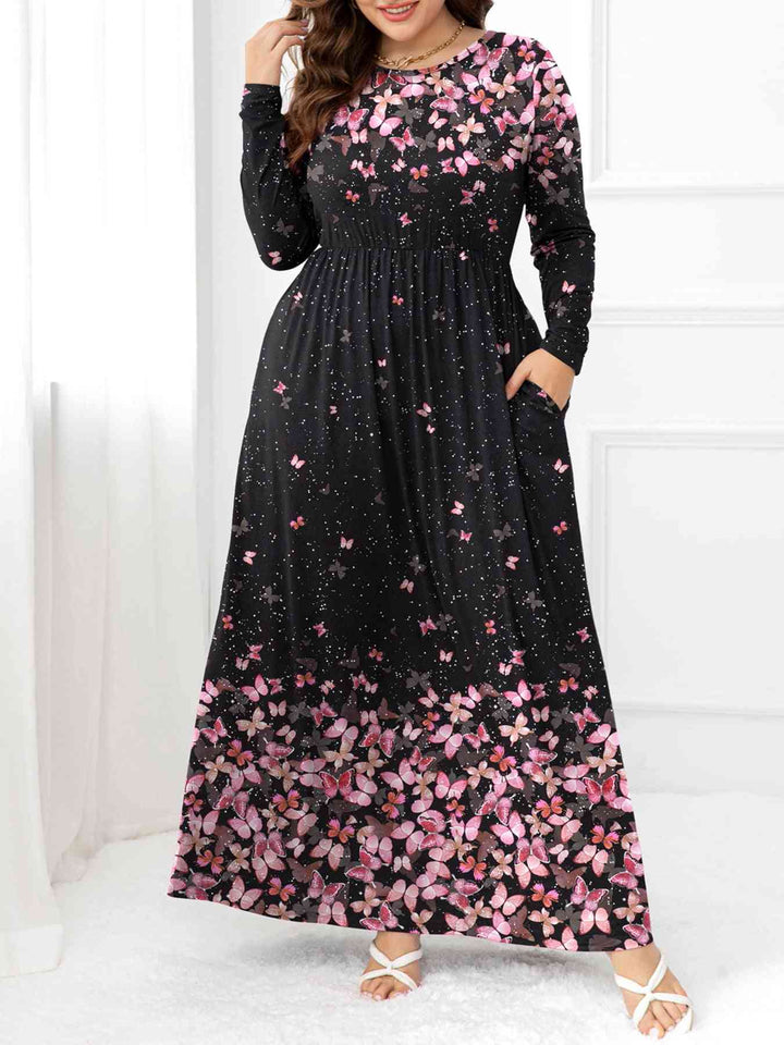 Plus Size Round Neck Maxi Dress with Pockets | 1mrk.com