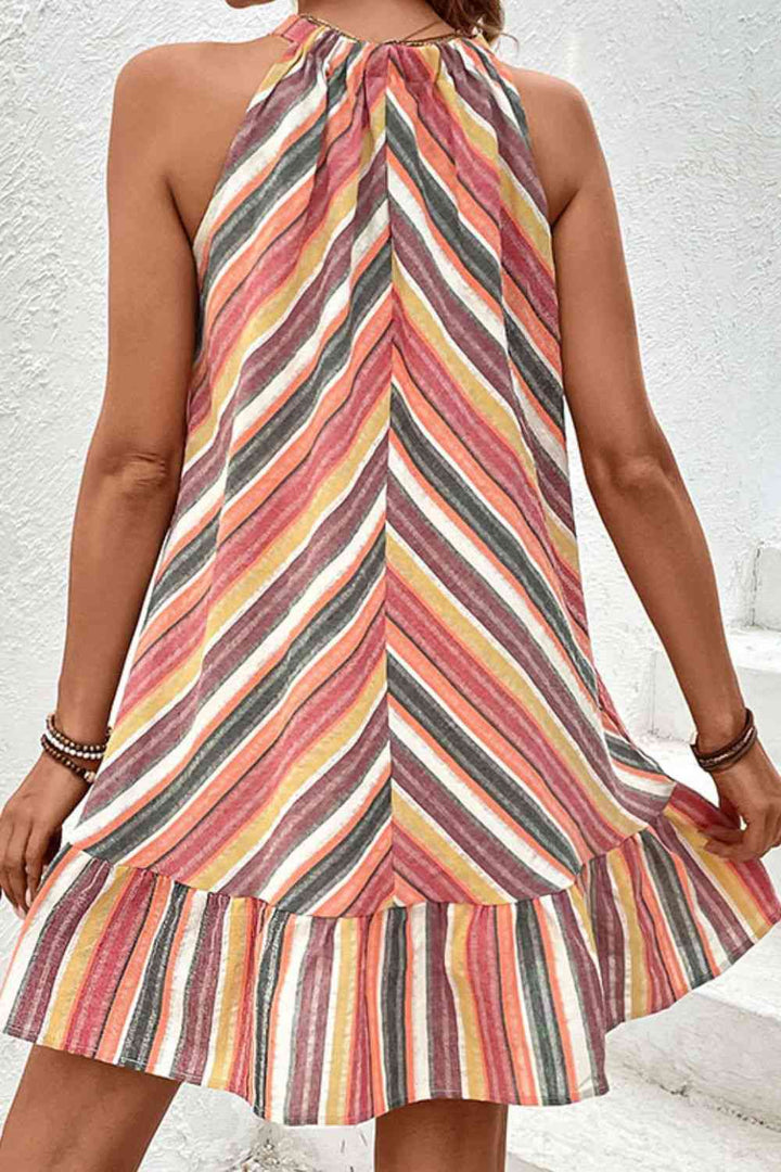 Striped Round Neck Sleeveless Mini Dress |1mrk.com