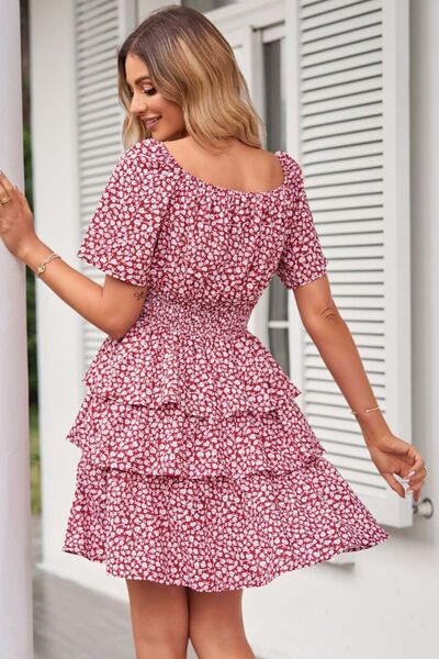 Floral Smocked Short Sleeve Layered Dress |1mrk.com