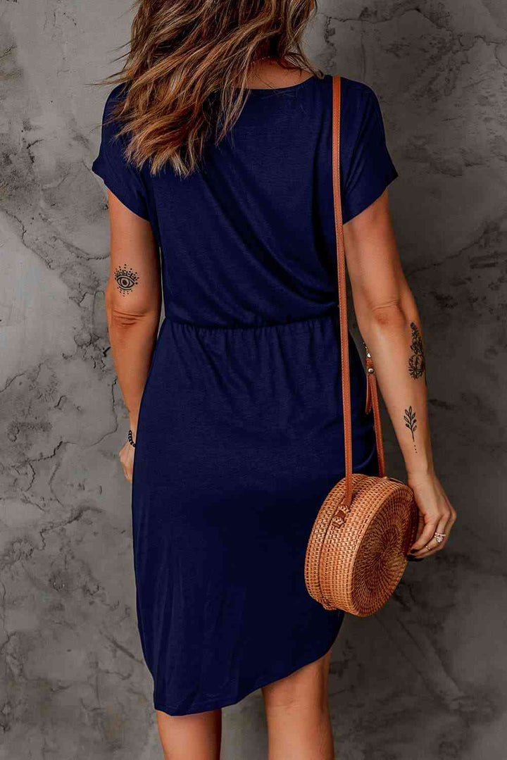 Short Sleeve Ruched Asymmetrical Hem Dress |1mrk.com