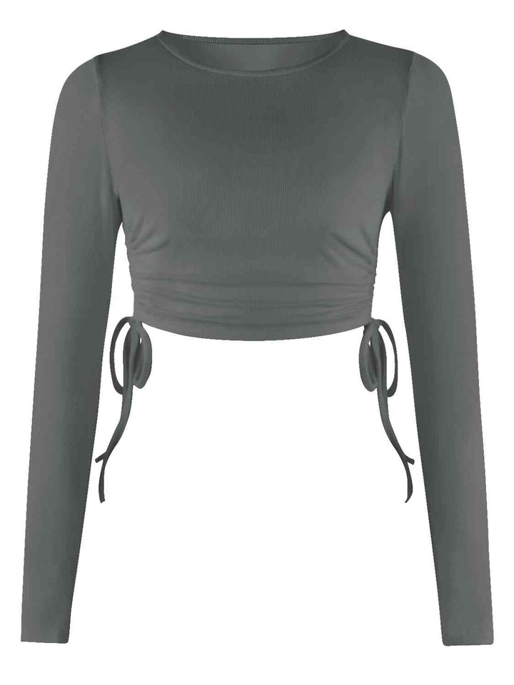 Drawstring Round Neck Long Sleeve Top | 1mrk.com