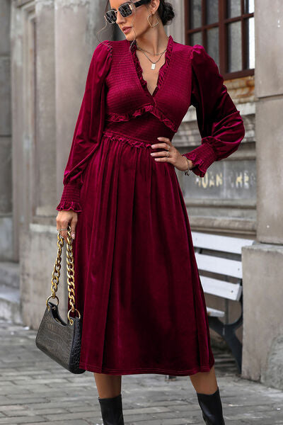 Smocked Lantern Sleeve Midi Dress |1mrk.com