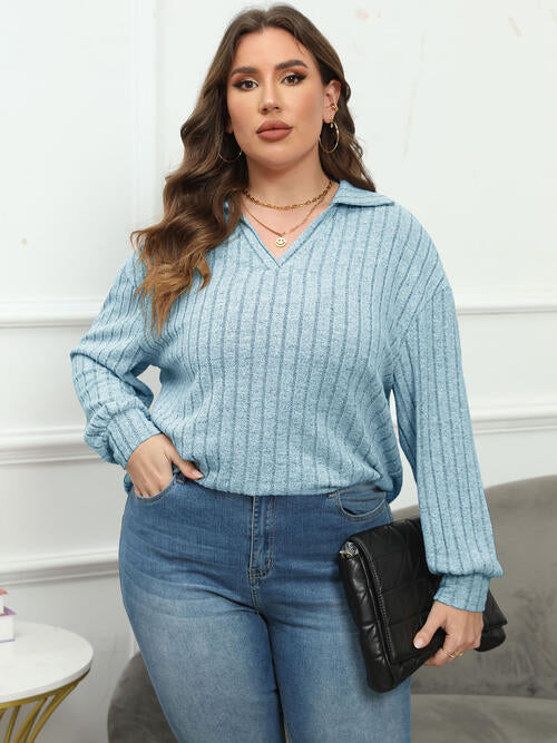 Plus Size Ribbed Collared Neck Long Sleeve Blouse | 1mrk.com