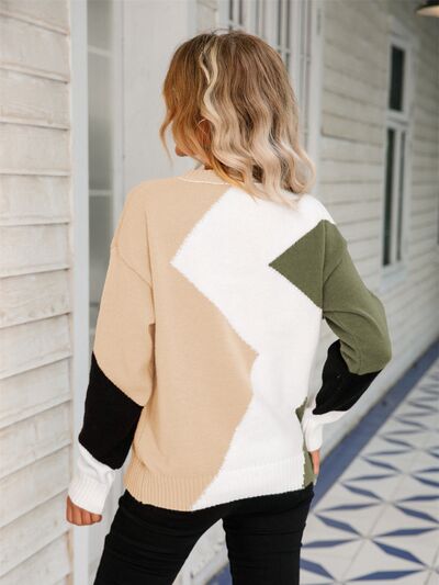 Color Block Round Neck Dropped Shoulder Sweater |1mrk.com