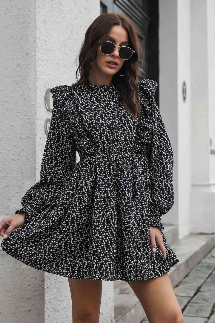 Printed Ruffle Trim Smocked Long Sleeve Mini Dress |1mrk.com