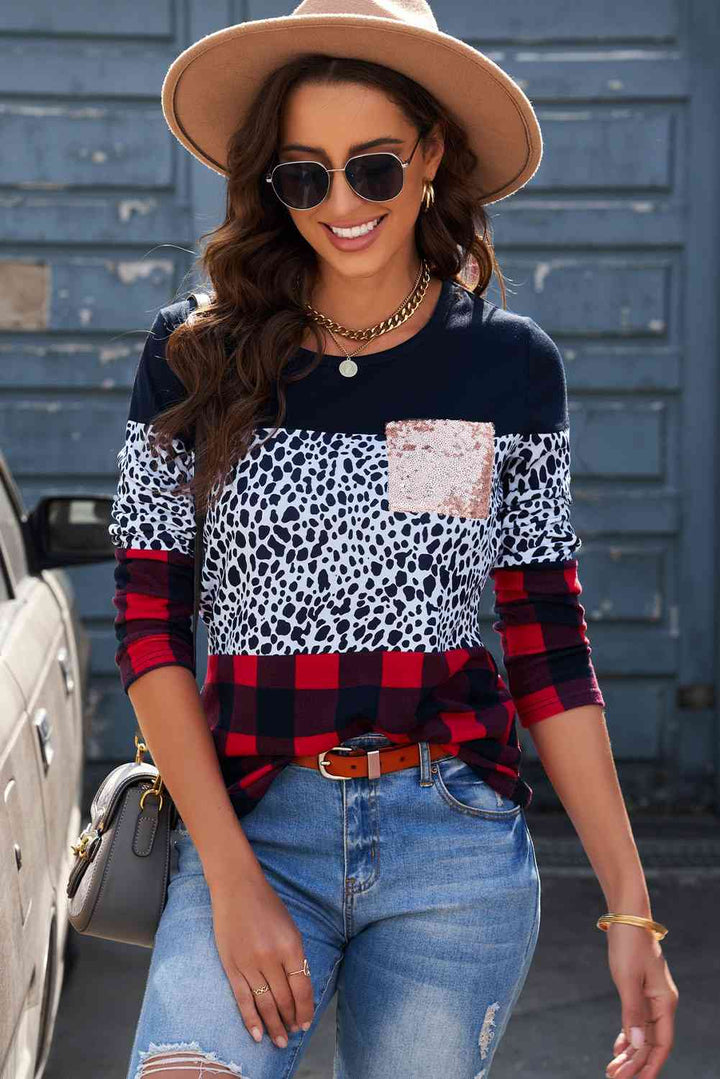 Leopard Color Block Long Sleeve T-Shirt | 1mrk.com