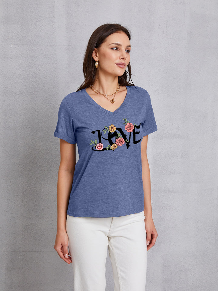 LOVE V-Neck Short Sleeve T-Shirt | Trendsi