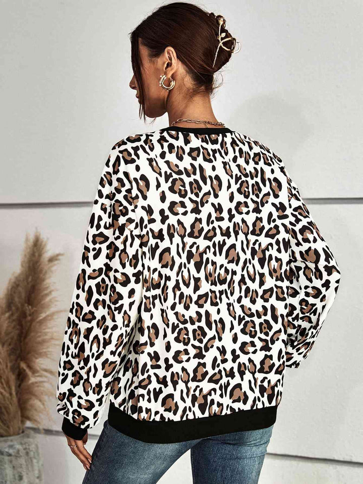 Leopard Round Neck Dropped Shoulder Sweatshirt |1mrk.com