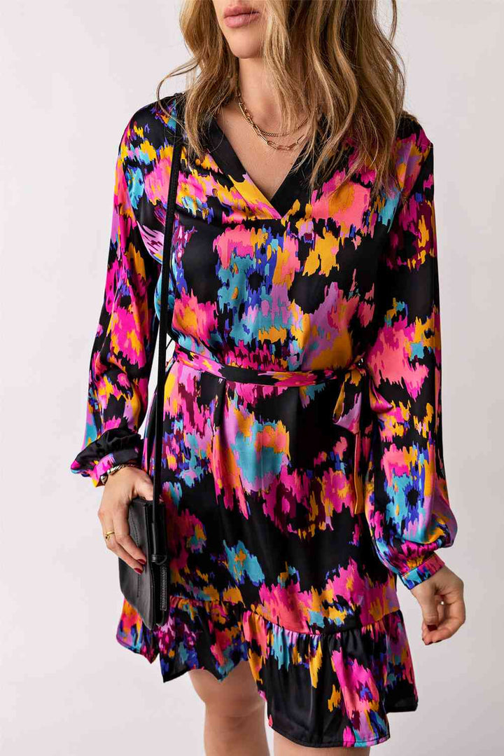 Abstract Print Belted Ruffle Hem Dress |1mrk.com