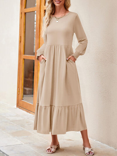 Round Neck Lantern Sleeve Ruffle Hem Dress | 1mrk.com